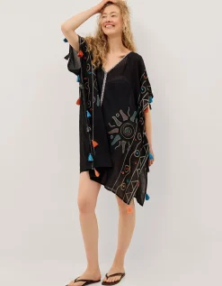 Pelia Embroidered Tassel Mini Kaftan Black