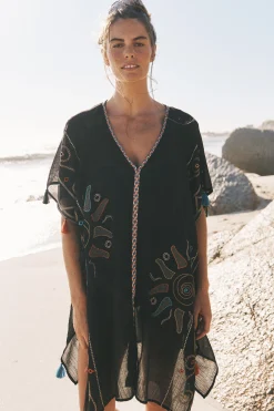 Pelia Embroidered Tassel Mini Kaftan Black