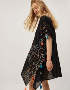 Pelia Embroidered Tassel Mini Kaftan Black