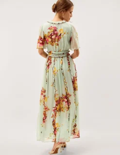 Perrie Frill Floral Print Maxi Dress Green
