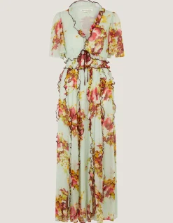 Perrie Frill Floral Print Maxi Dress Green