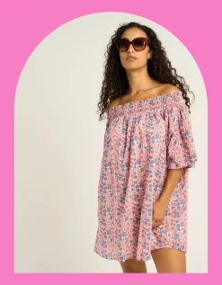 Petite Mendigote Fannie Off-The-Shoulder Floral Mini Dress Pink