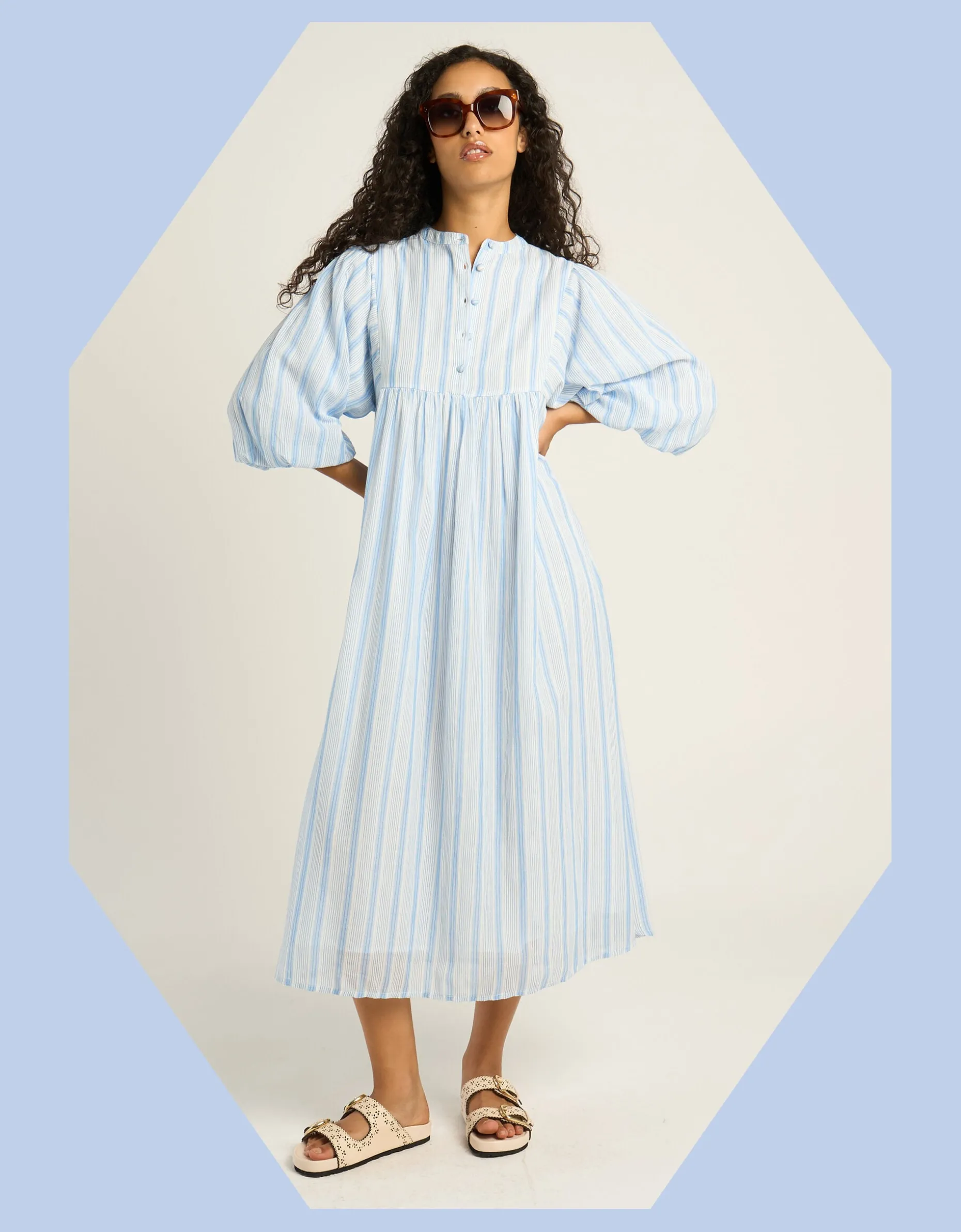 Petite Mendigote Rigo Stripe Shirt Midi Dress Blue