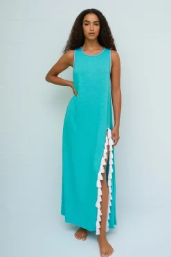 Pitusa Tassel Side Slit Maxi Beach Dress Teal