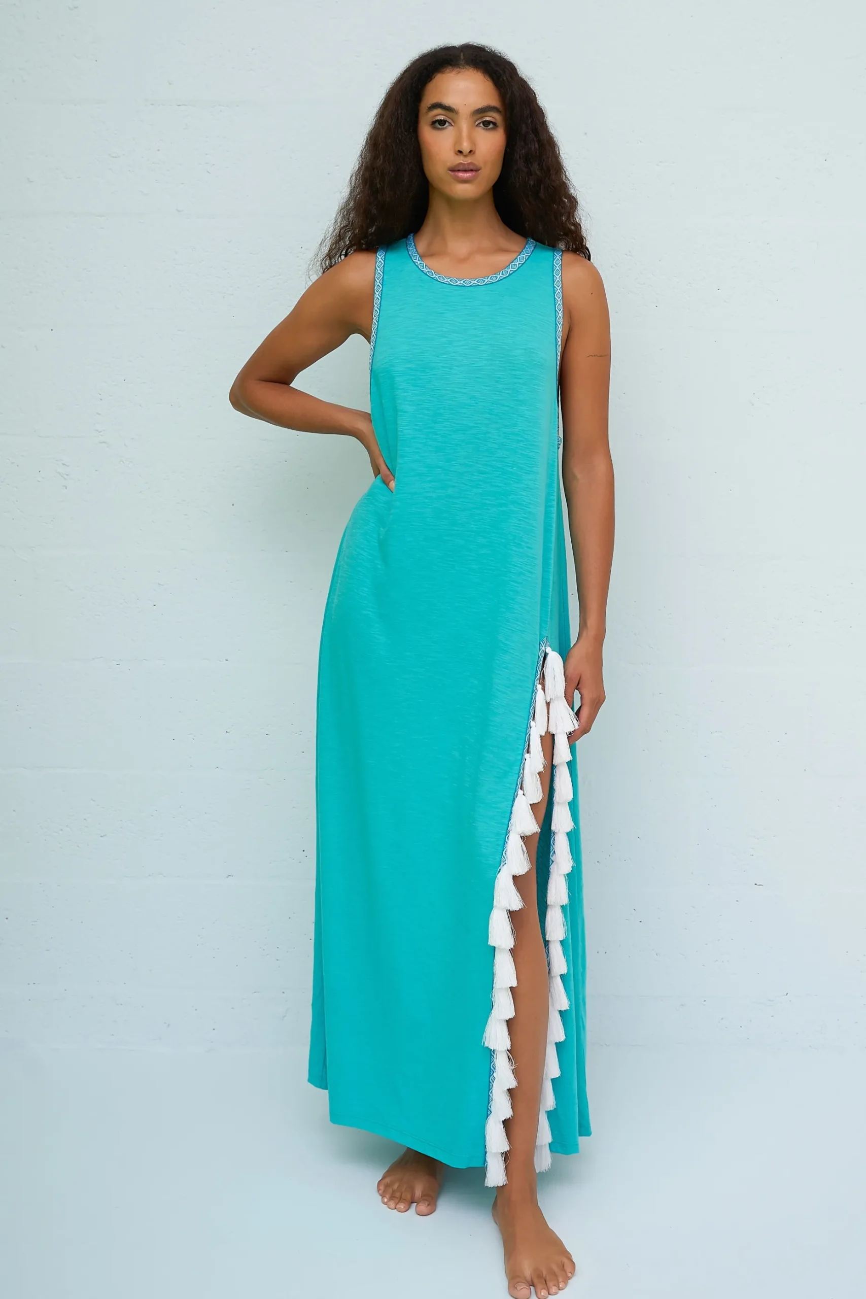Pitusa Tassel Side Slit Maxi Beach Dress Teal