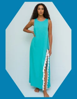 Pitusa Tassel Side Slit Maxi Beach Dress Teal