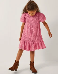 Polka Dot Textured Puff Sleeve Dress Pink