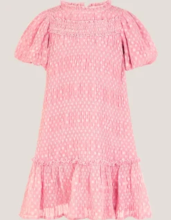 Polka Dot Textured Puff Sleeve Dress Pink