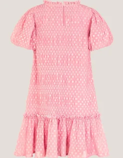 Polka Dot Textured Puff Sleeve Dress Pink