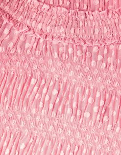 Polka Dot Textured Puff Sleeve Dress Pink