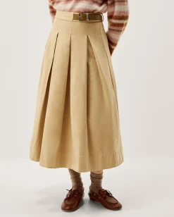 Poppy Buckle Pleated Midi Skirt Natural