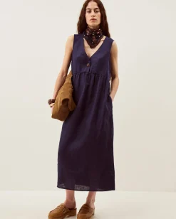 Posey Sleeveless Linen Midi Dress Blue