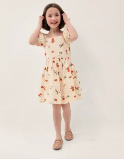 Puff Sleeve Floral Embroidered Dress Ivory