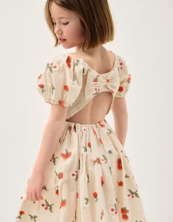 Puff Sleeve Floral Embroidered Dress Ivory