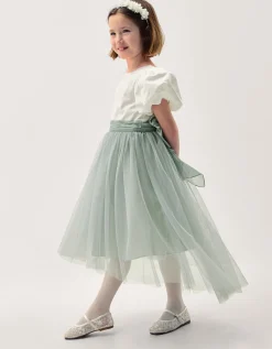 Puff Sleeve Satin Tulle Dress Green