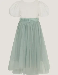 Puff Sleeve Satin Tulle Dress Green