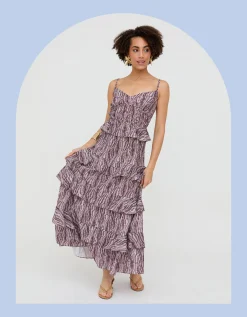 Raffya Tangiers Print Ruffle Maxi Dress Red
