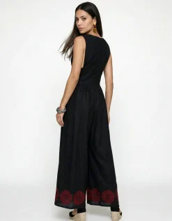 Raffya Vanessa Embroidered Wide Leg Jumpsuit Black