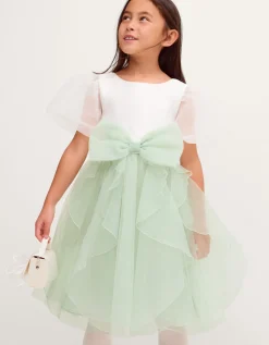 Raphela Puff Sleeve Bow Party Dress Green