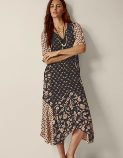 Raquel Patchwork Floral Print Midi Dress Black