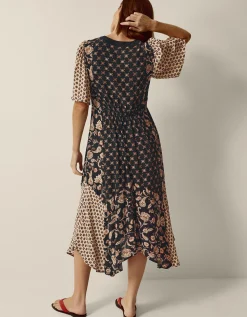 Raquel Patchwork Floral Print Midi Dress Black