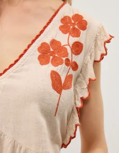 Rhea Embroidered Linen Blend Top Natural