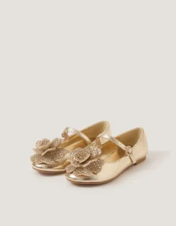 Rhinestone Flower Mary Jane Ballet Flats Gold
