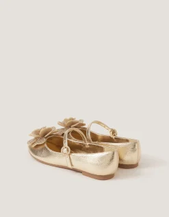 Rhinestone Flower Mary Jane Ballet Flats Gold