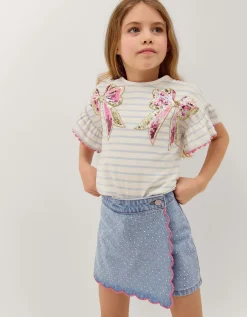 Rhinestone Scallop Denim Skort Blue