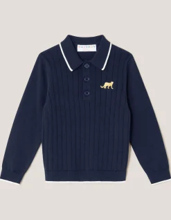 Ribbed Knit Polo Jumper Blue