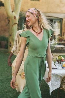 Riri V-Neck Frill Jumpsuit Green