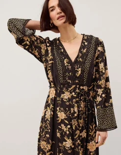 Rosaleigh V-Neck Floral Midi Dress Black