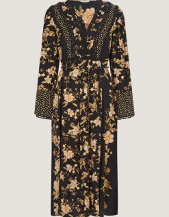 Rosaleigh V-Neck Floral Midi Dress Black