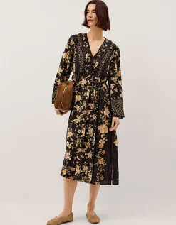 Rosaleigh V-Neck Floral Midi Dress Black