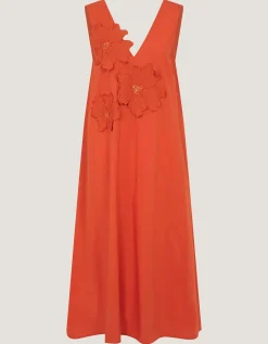Rosalie Floral Appliqué Cotton Midi Dress Orange