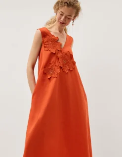 Rosalie Floral Appliqué Cotton Midi Dress Orange