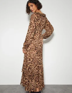 Rowena Leopard Print Ruffle Dress Brown