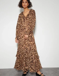 Rowena Leopard Print Ruffle Dress Brown