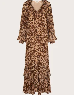 Rowena Leopard Print Ruffle Dress Brown