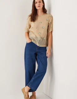 Sacha Short-Sleeve Embroidered Top Gold