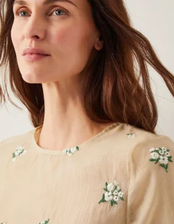 Sacha Short-Sleeve Embroidered Top Gold