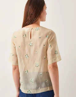 Sacha Short-Sleeve Embroidered Top Gold