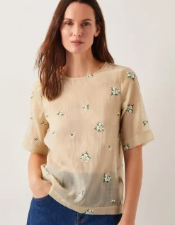 Sacha Short-Sleeve Embroidered Top Gold
