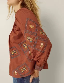 Sadie Embroidered Pintuck Blouse Orange