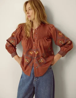 Sadie Embroidered Pintuck Blouse Orange