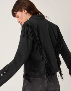 Salome Fringe Faux Suede Jacket Black