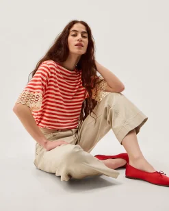 Sasha Stripe Linen Blend T-Shirt Red