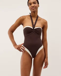 Saylor Halter Two Tone Swimsuit Brown