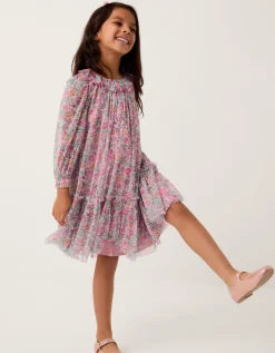 Scallop Collar Floral Print Dress Pink