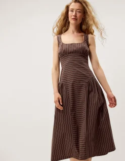 Selena Square Neck Stripe Midi Dress Brown